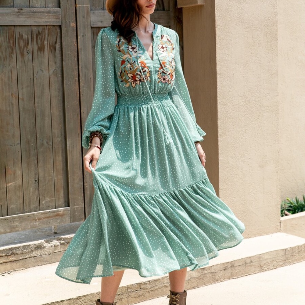 Boho Embroidered Floral Polka Dot Ruffle Dress - Picture 9 of 15
